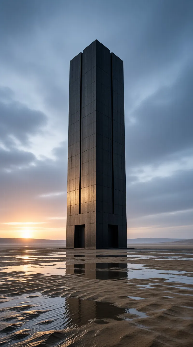 A massive dark rectangular tower stands alone on a wet salt flat as the sun sets casting a golden glow on its side.