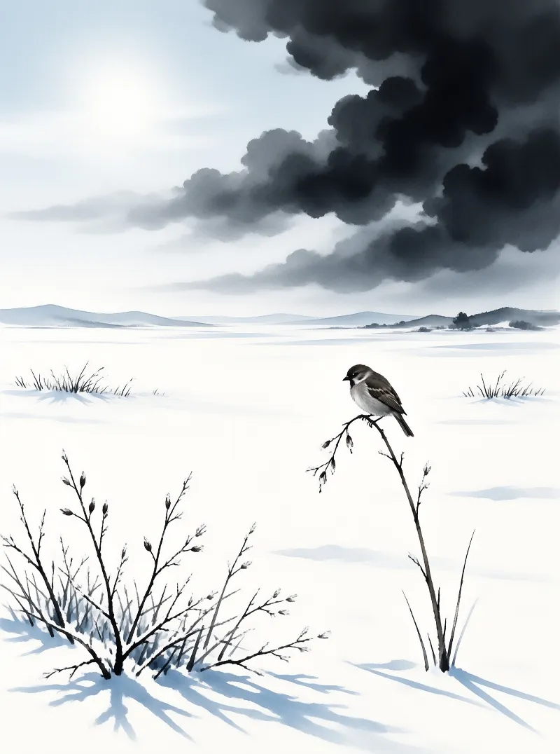 A small bird rests on a thin twig in a wide snowy field beneath a sky filled with dark storm clouds.