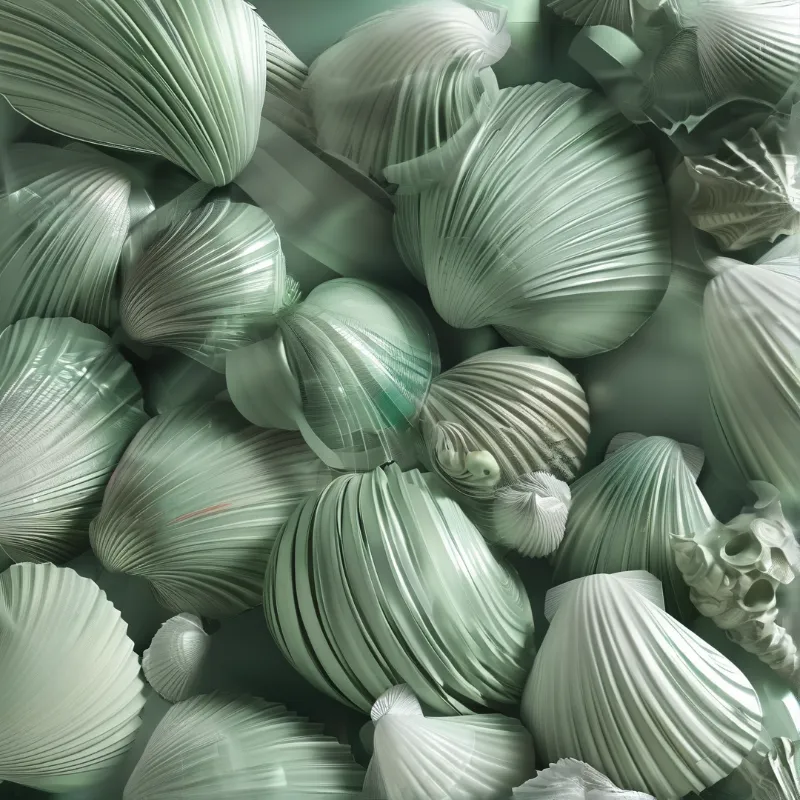 Crowds of ribbed pale green clamshells fill the frame under soft even light highlighting their radial organic lines.