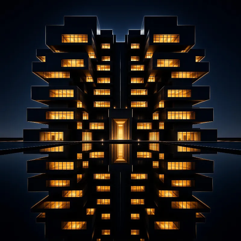 A tall symmetrical structure with glowing windows stands against the night sky reflected in water