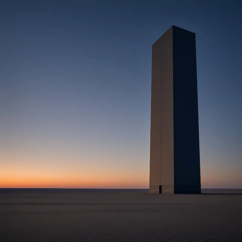 A tall dark monolith stands alone in a vast desert landscape under a sky transitioning from orange to deep blue.