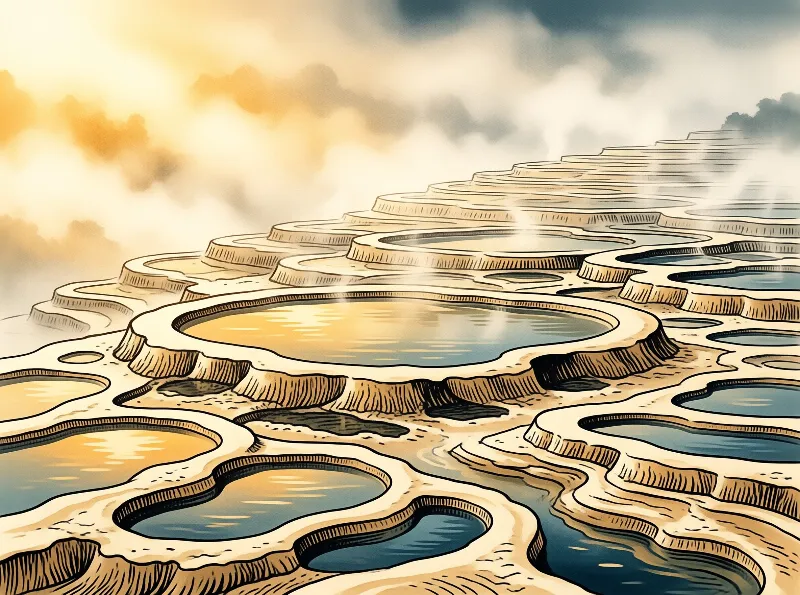 Stylised illustration of stepped geothermal terraces with yellow and blue water pools beneath a hazy golden sunrise sky.