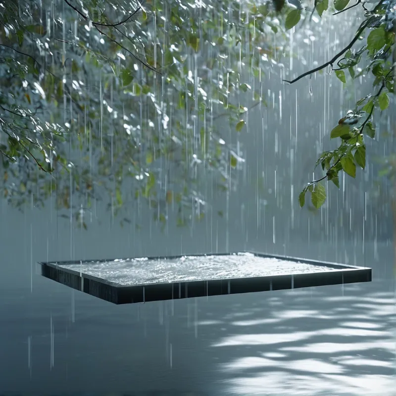 A dark slab hovers beneath tree branches while rain falls creating a cool blue atmosphere with visible water streaks.