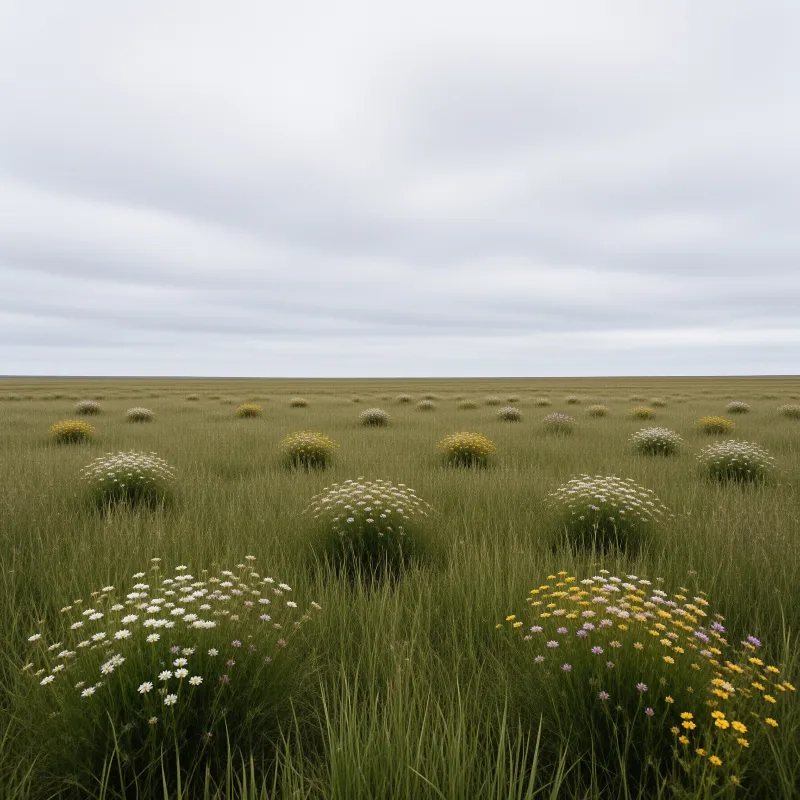 Scattered wildflowers grow in clumps across a flat green field beneath an overcast sky.