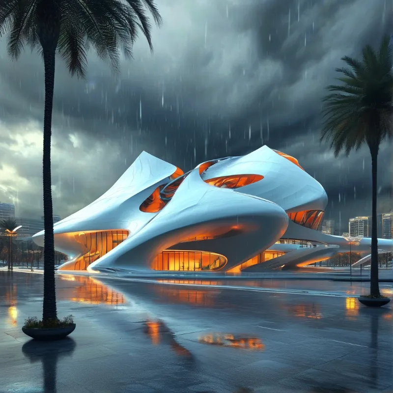 Futuristic Building in Rain