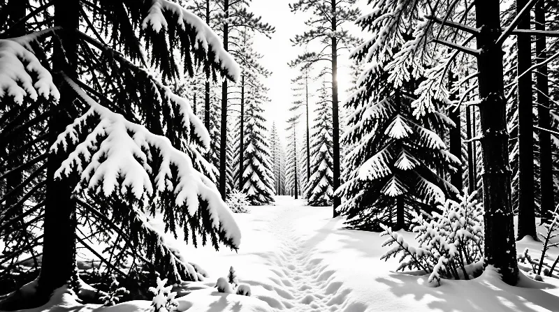 A black and white winter scene of tall snow-laden spruce framing a narrow trail through a silent forest.
