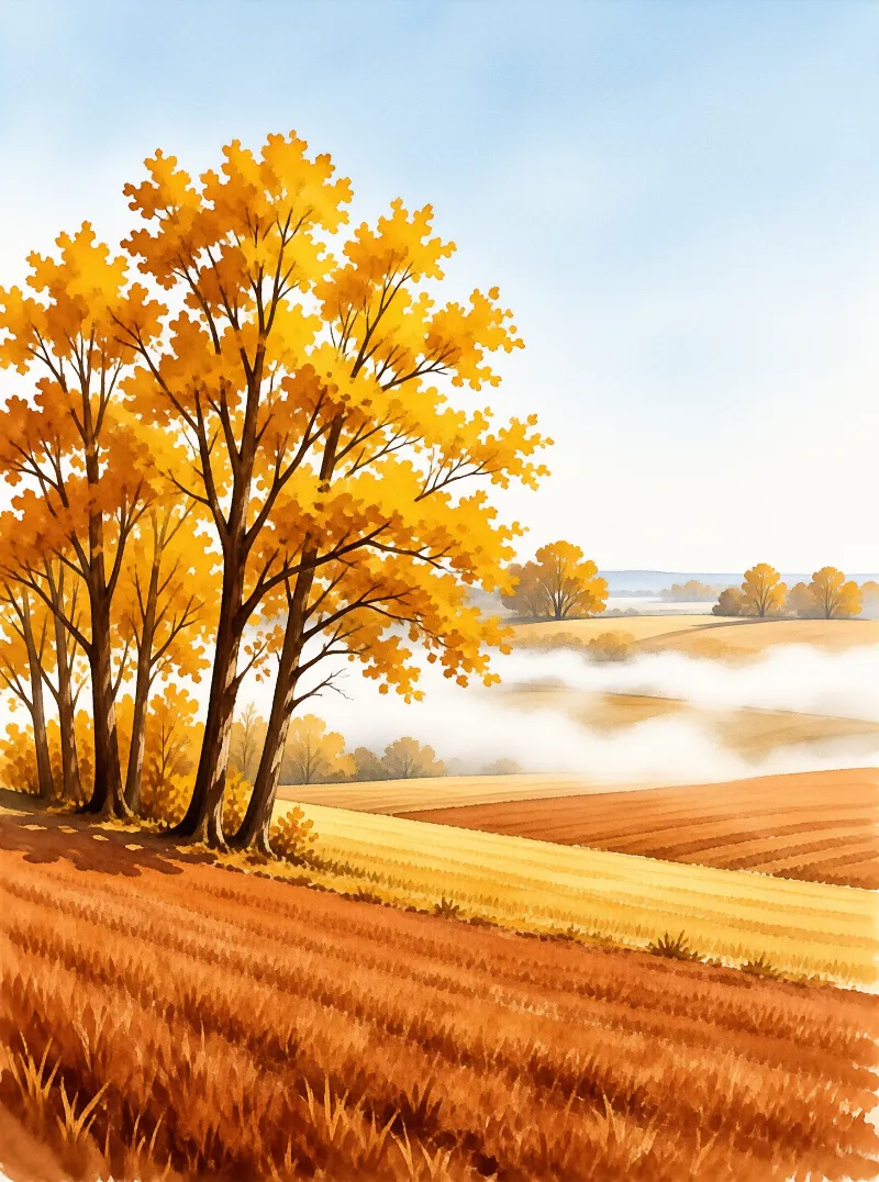 Tall trees with golden leaves overlook rolling hills covered in morning mist and orange farmland.