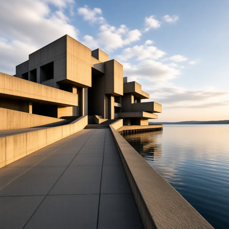 Angular concrete architecture stands on a pier illuminated by warm evening light beside a calm blue body of water.