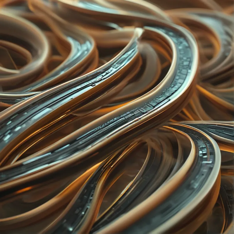 Flowing warm gold and dark teal curved metallic strands with reflective surfaces and intricate circuit-like patterns.