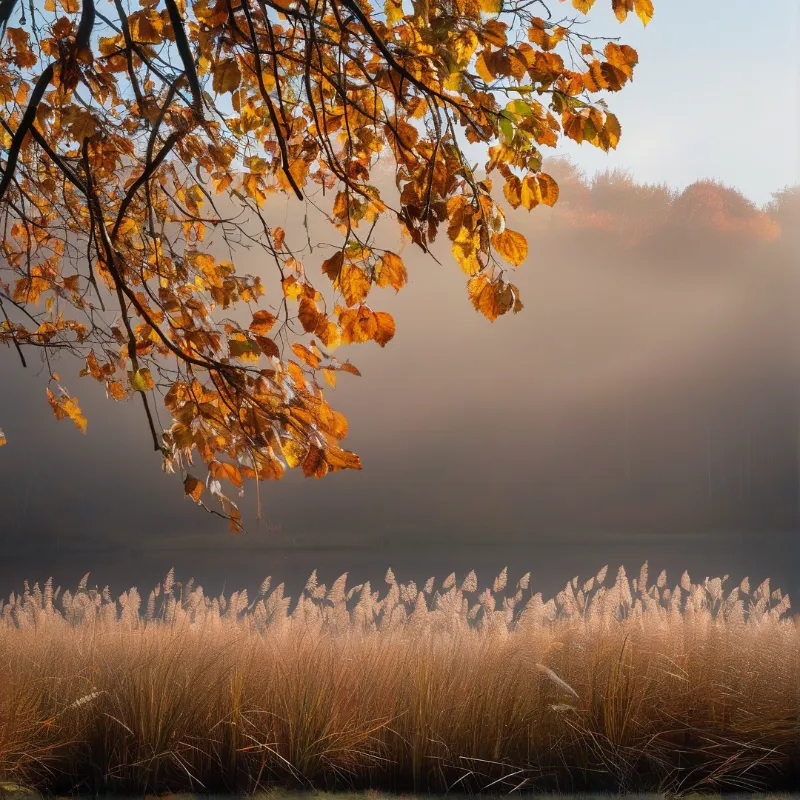 Backlit orange leaves hang from thin branches above a band of pale seed plumes, with fog softening the far shoreline.