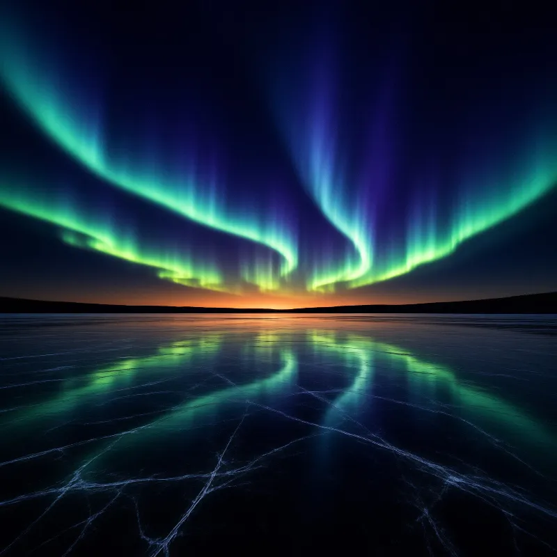 Green aurora lights curve across the night sky and cast reflections onto a vast expanse of cracked ice.