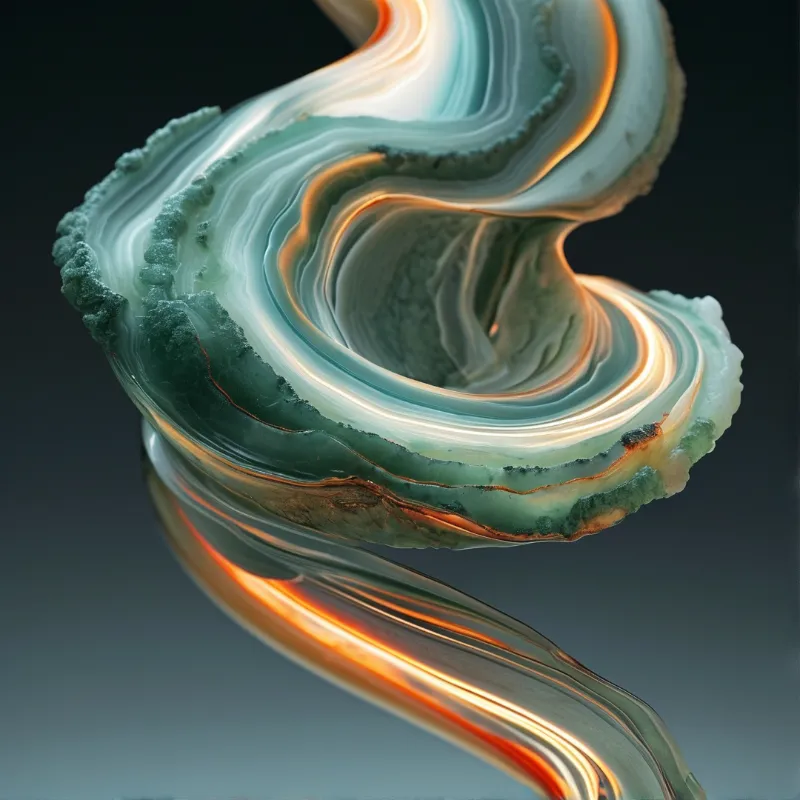 A twisted layered structure floats against a dark gradient, featuring teal bands accented by orange highlights.