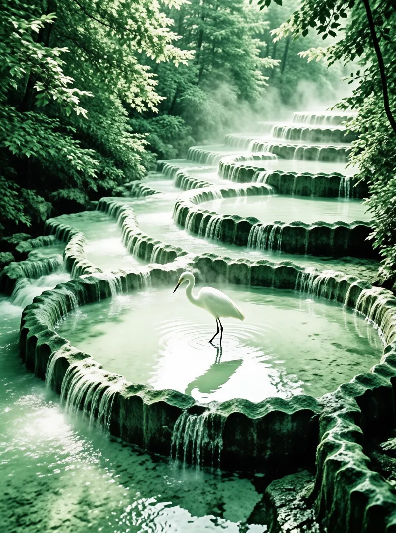 A solitary white egret wades through calm pools formed by moss-covered stone steps cascading down a wooded slope.