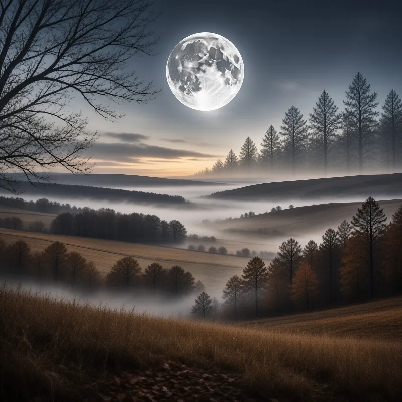 Bright moonlight illuminates a valley filled with low-lying mist and dark silhouettes of trees on rolling grassy slopes.