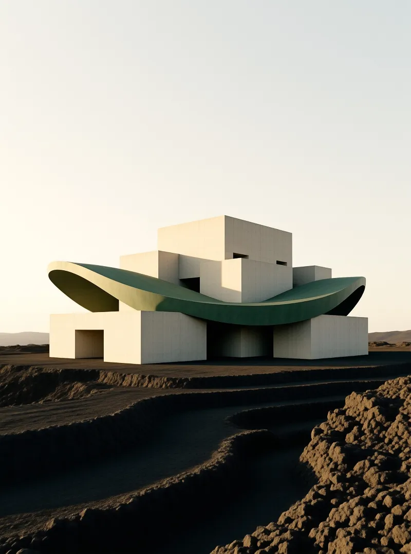 A white geometric building with a large curved green roof sits in a dry landscape under warm sunlight.