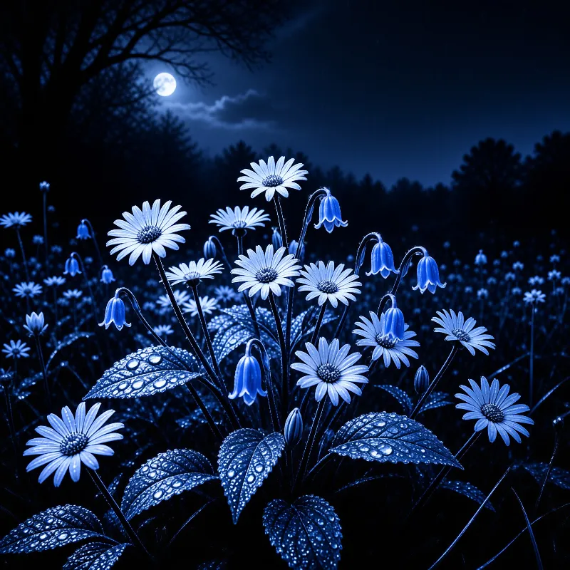 Pale daisies and blue bellflowers shimmer in a moonlit meadow scattered with dew.