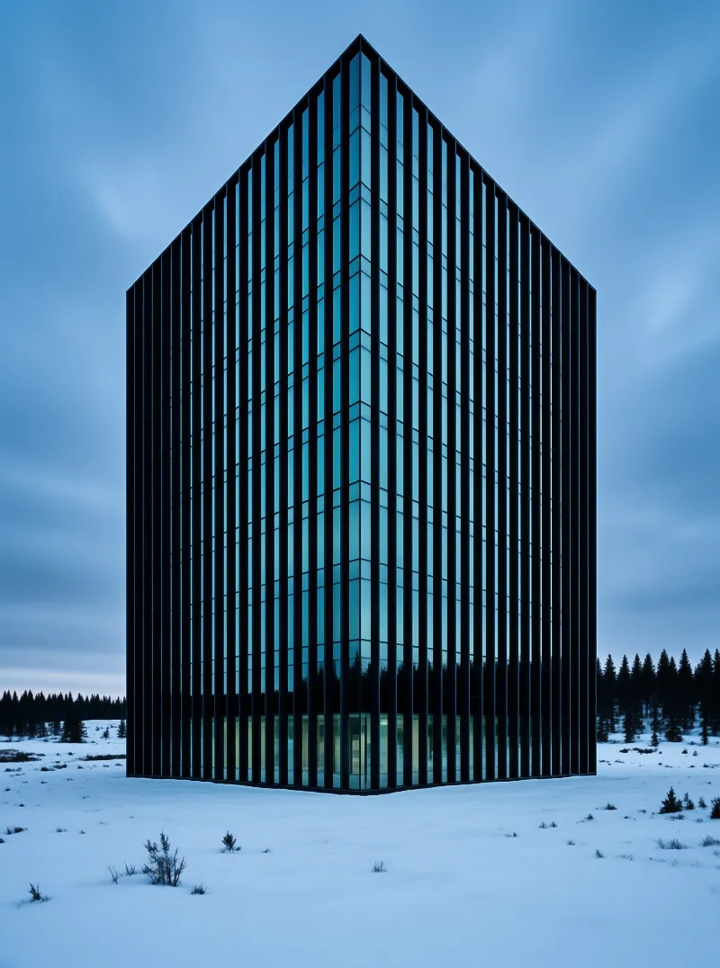 Tall glass structure with black vertical frames stands in a snowy clearing near pine trees.