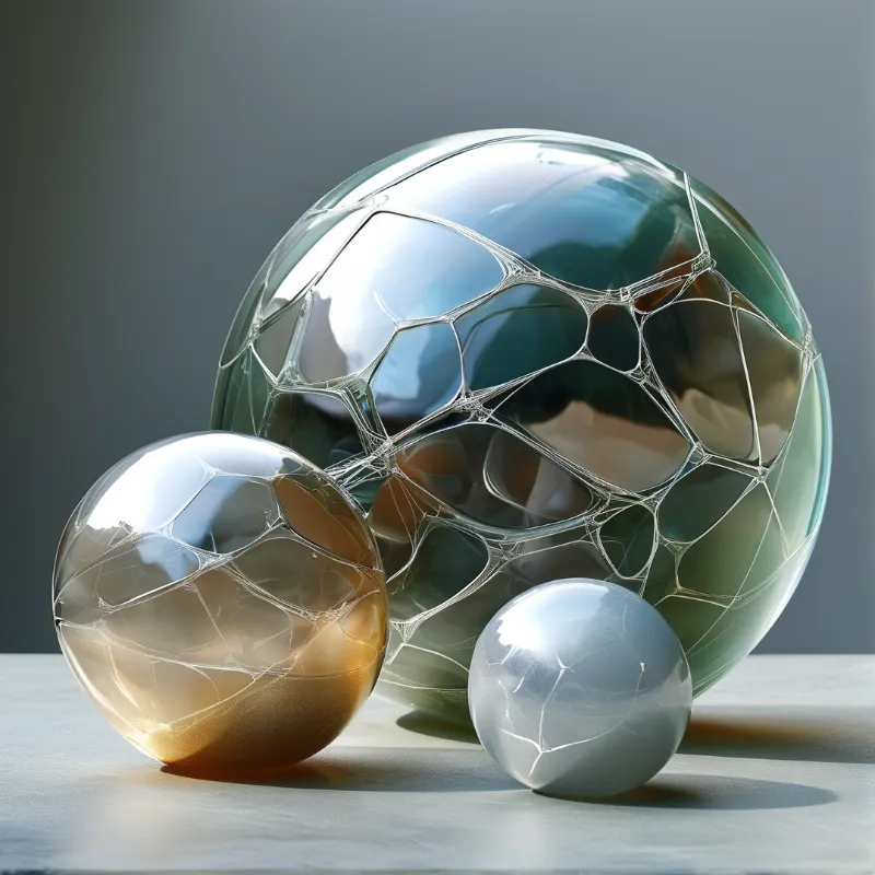 Three translucent orbs featuring organic webbing rest on a neutral gray surface with soft lighting.