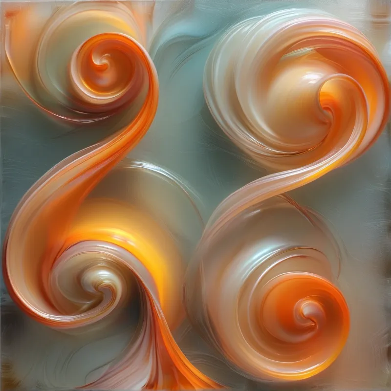 Smooth orange and cream spiral shapes float against a muted blue-grey backdrop with glossy highlights.