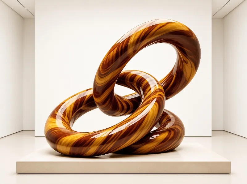 A glossy amber loop sculpture with swirling brown and gold patterns rests on a white pedestal in a bright white gallery room.