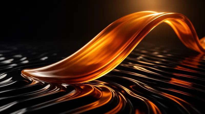A translucent copper band curves like a cresting wave above a dark rippled surface that mirrors its warm glow.