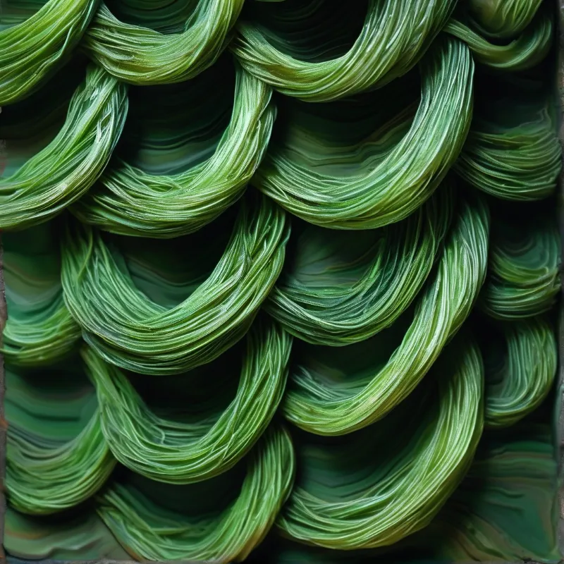 Dense interlacing of green textured strands creates a rhythmic diagonal pattern across the frame with subtle shadows.