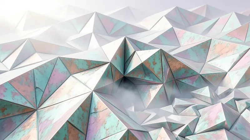 Low poly angular planes in pastel cyan and rose tones with misty shadows.