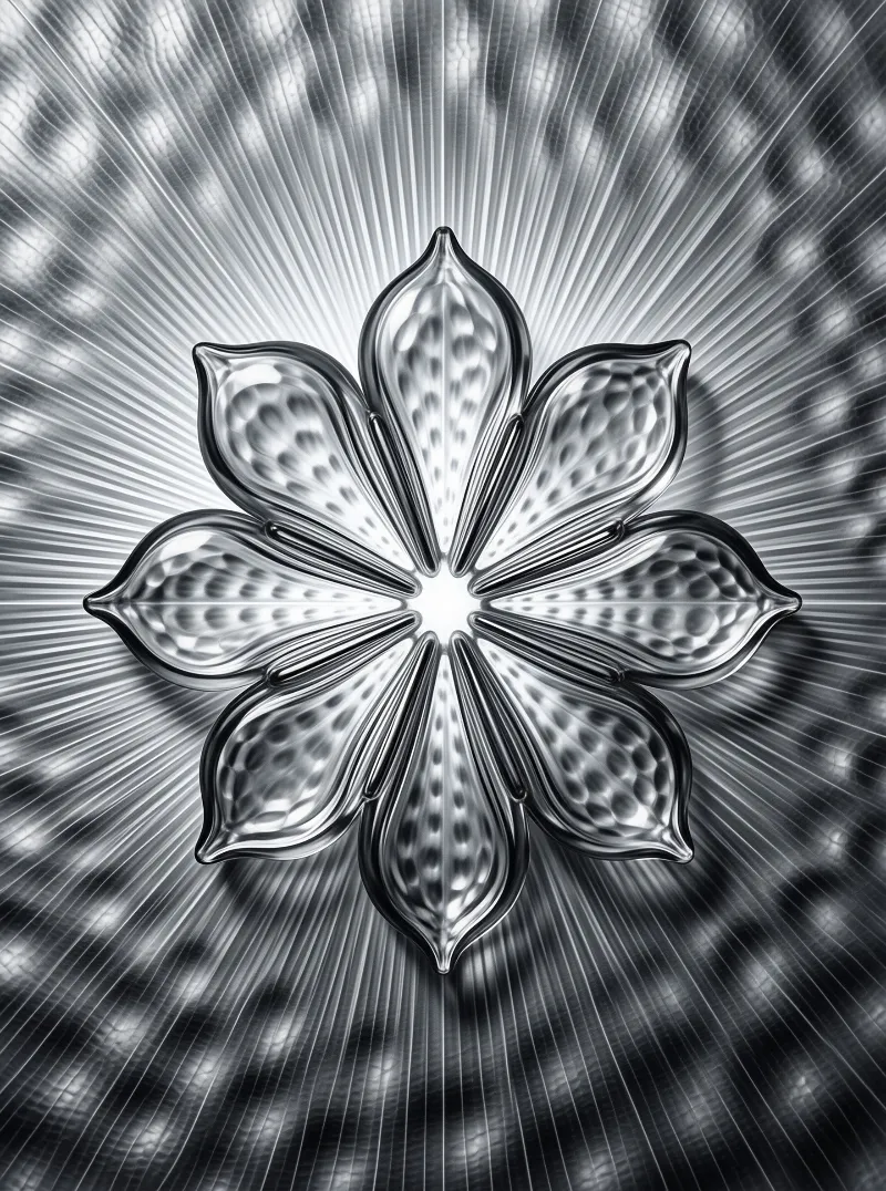 A symmetrical metallic flower shape with eight hammered petals sits centered against a radiating background of bright linear streaks.