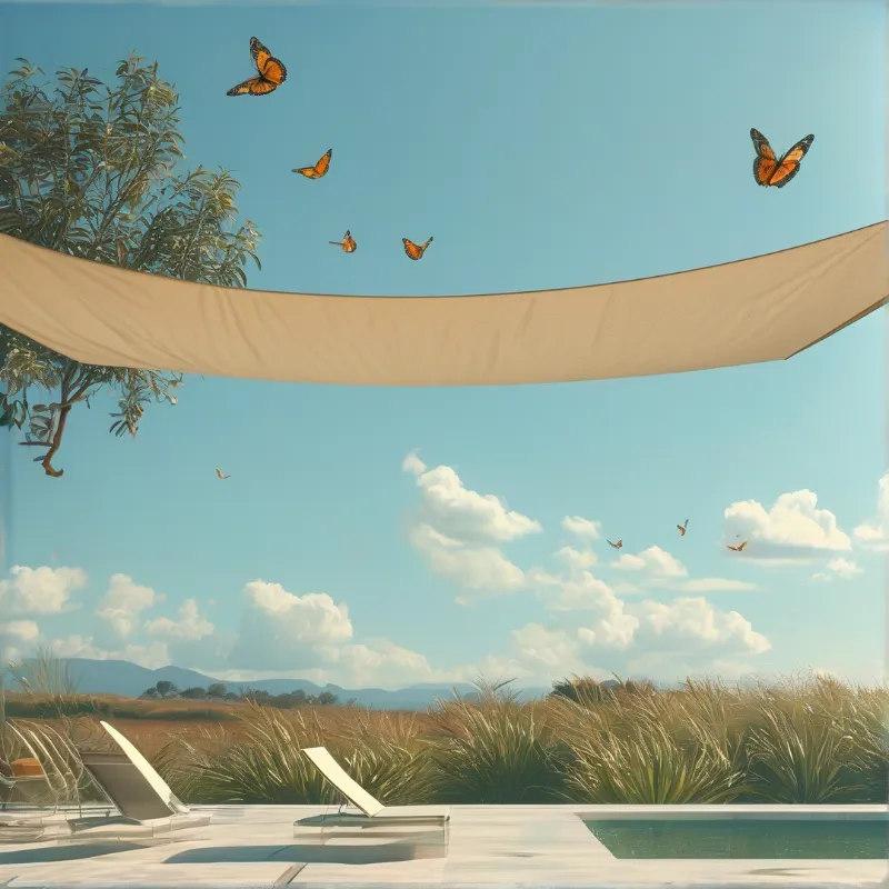 Orange monarch butterflies fly in a blue sky above a beige shade canopy stretched over a patio with lounge chairs.
