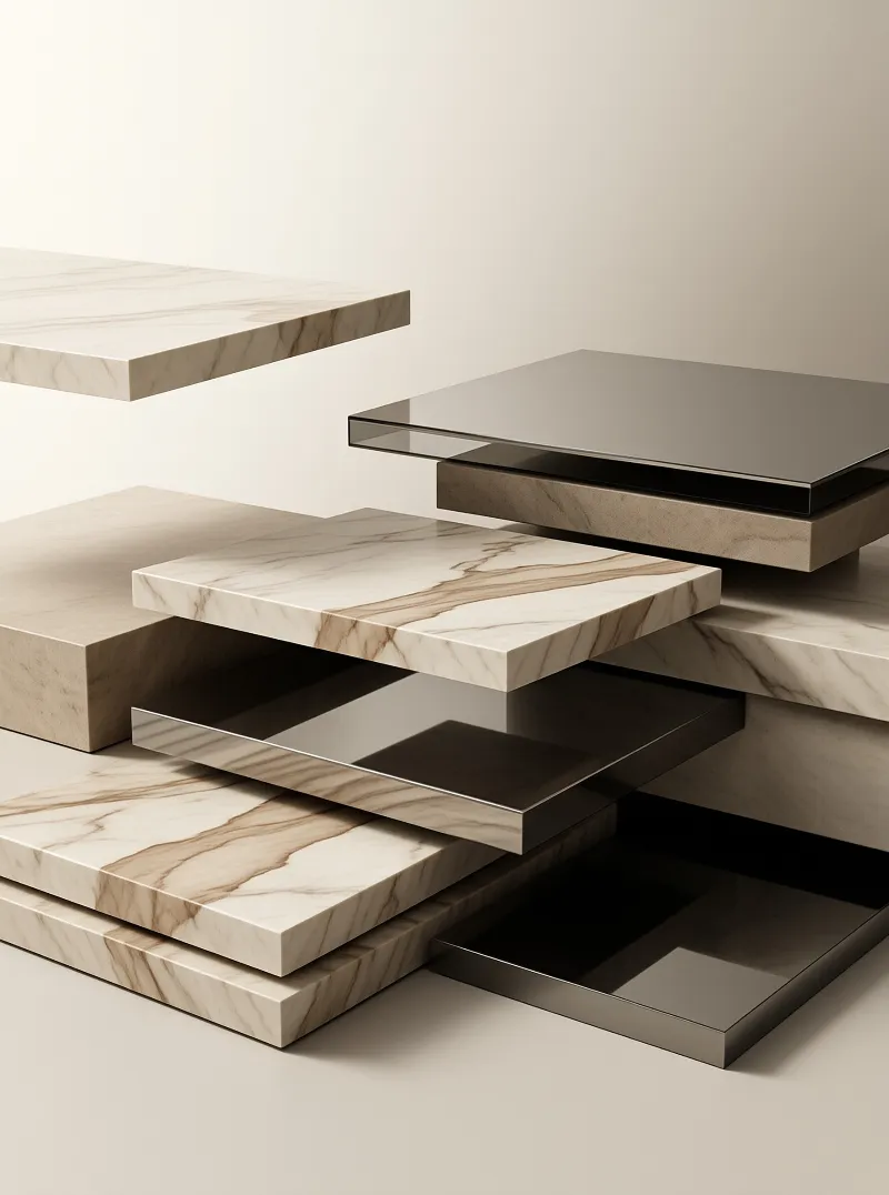 White marble slabs with brown veining and dark polished glass sheets are staggered under soft beige light.