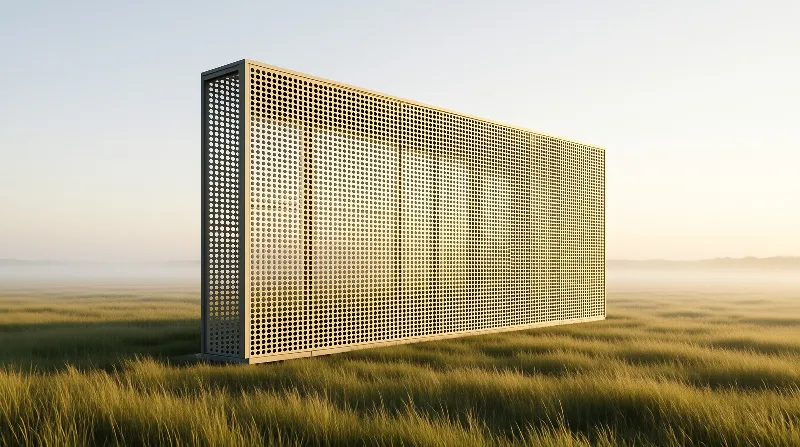 A tall perforated steel panel stands alone in a field of tall grass lit by soft early morning sun.