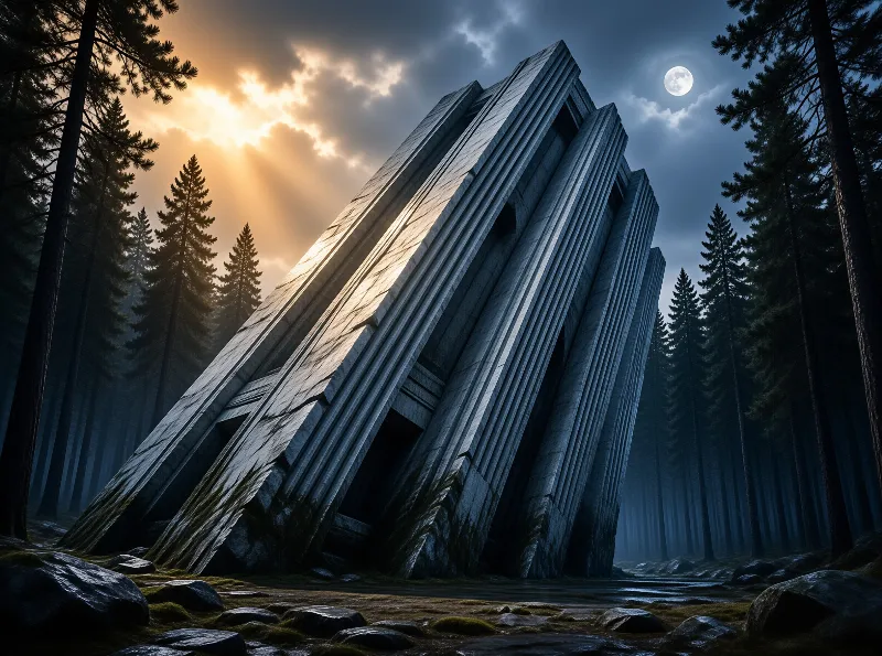 Slanted carved stone slabs stand amid misty pine forest beneath a split twilight sky with sunbeams and a full moon.