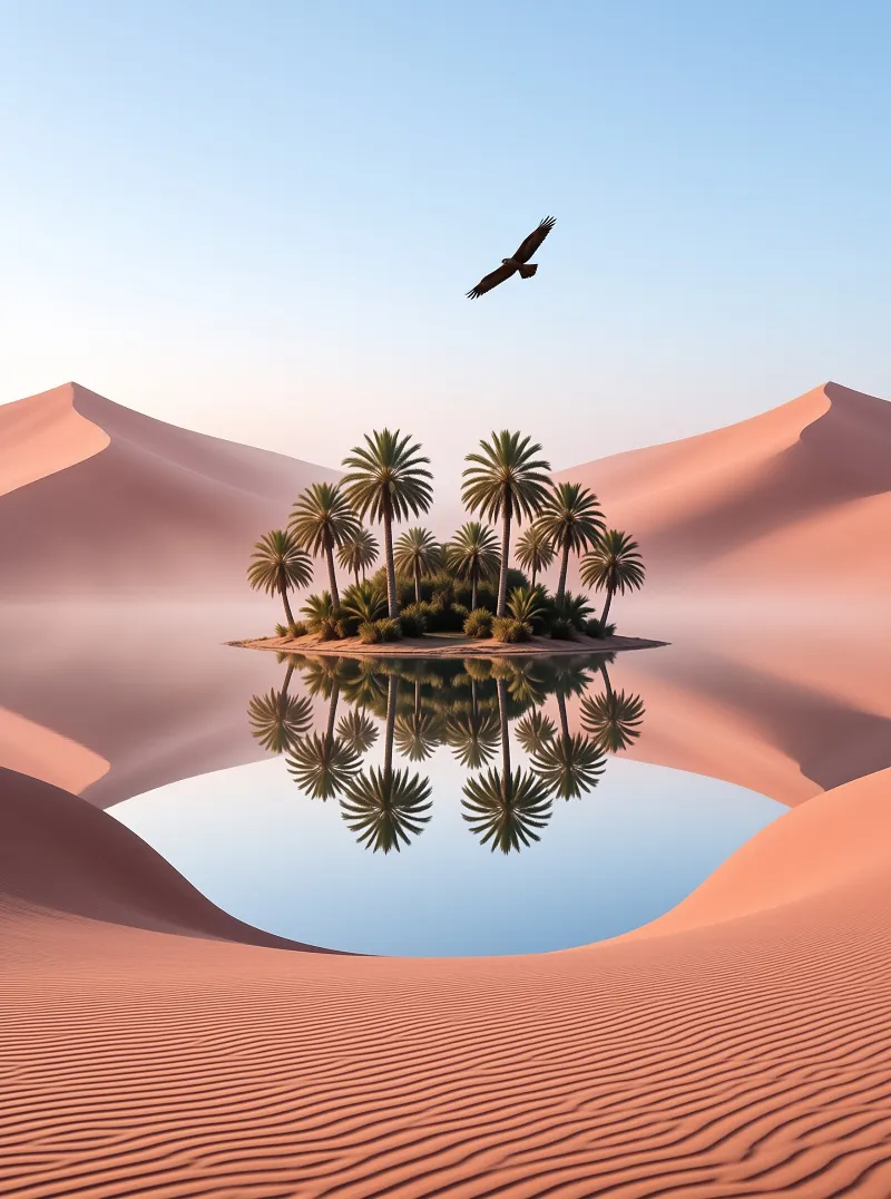 A palm tree grove sits on a sand islet in red desert dunes, reflected in still water, with an eagle flying above at dawn.