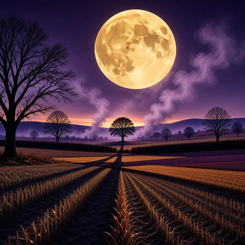 A massive yellow moon hangs in a purple sky above a landscape of bare trees and harvested fields with mist rising.