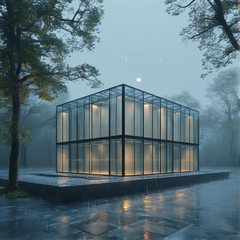 A two storey glass box glows warmly in a foggy park as rain streaks the pavement and trees frame the scene.