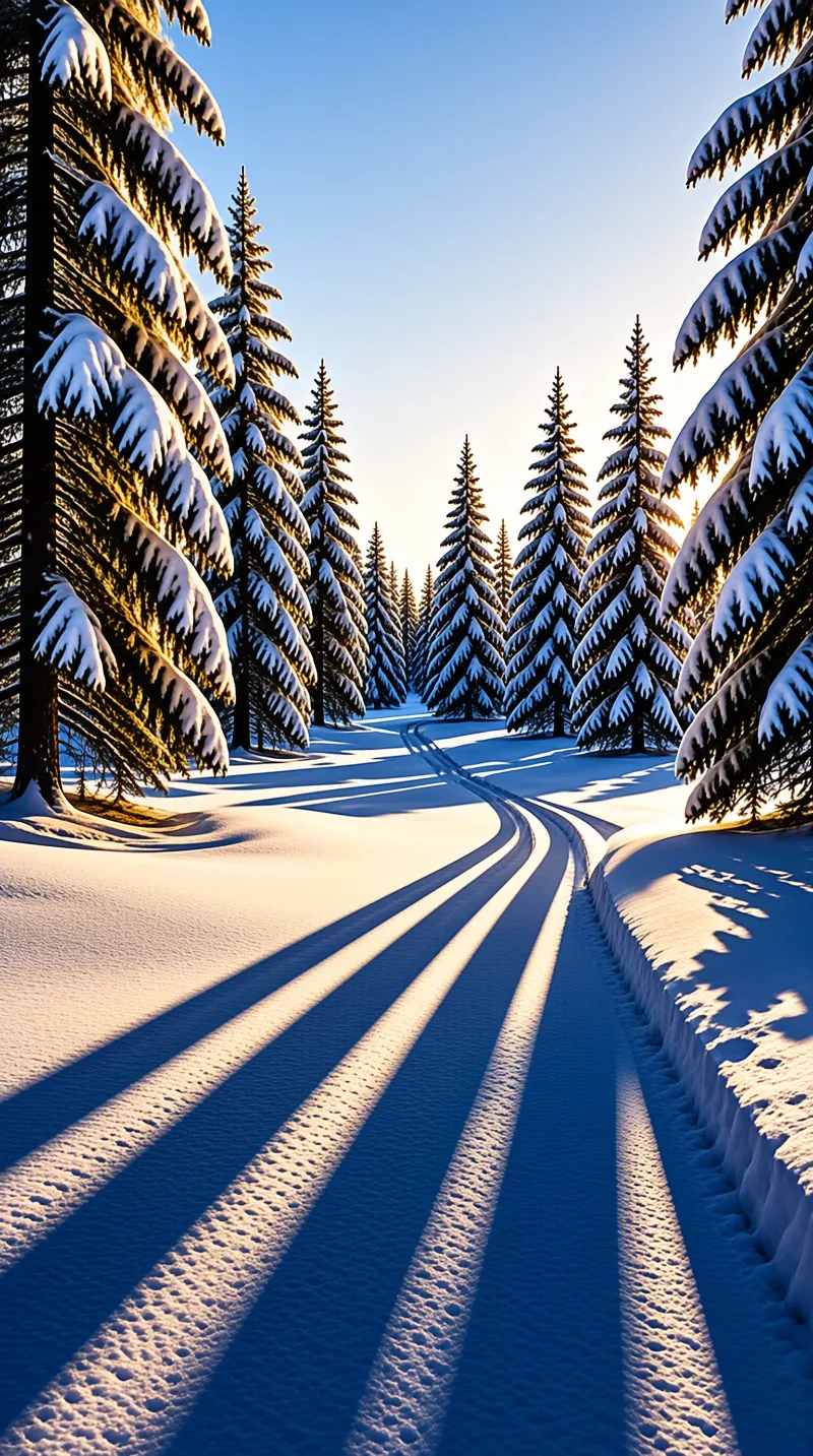 A winding trail cuts through snow-covered pines as low sun casts long blue shadows.