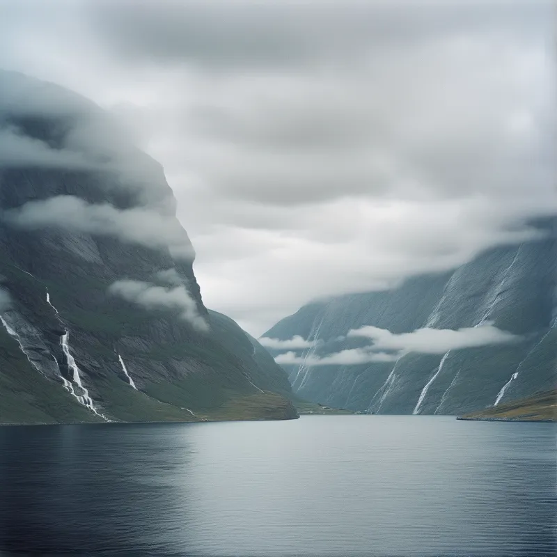 Steep fjord mountains rise from calm water featuring multiple thin waterfalls and low-hanging clouds obscuring the peaks.