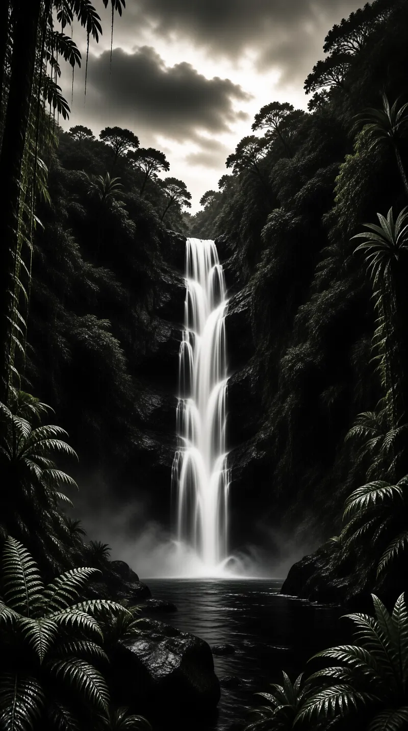 A tall white cascade threads through dark rainforest cliffs and lands in a still black pool.