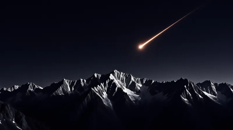 A bright meteor trails across a dark sky above jagged snow-covered mountain peaks illuminated by moonlight