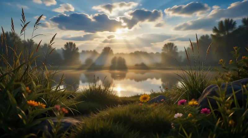 Sunrise Over Misty Lake