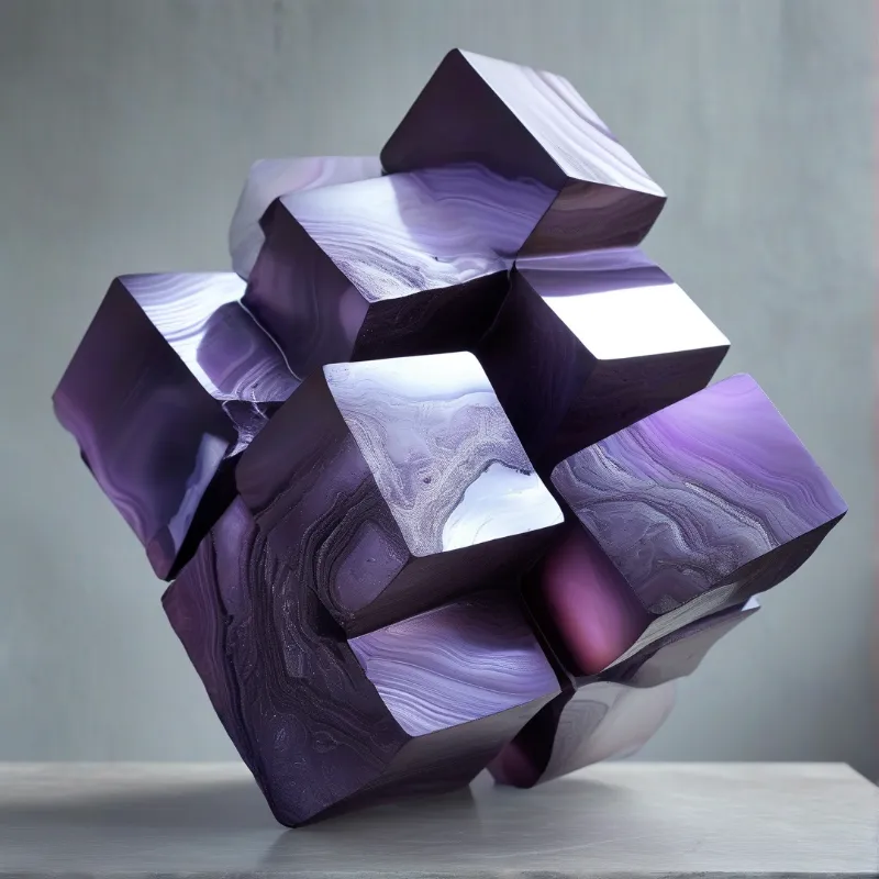 An assemblage of interlocking purple marbled cubes resting on a pale surface against a muted gray background.