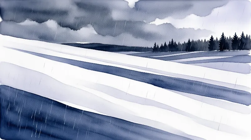 Blue watercolor depicting snowy rolling hills with diagonal rain streaks and distant dark pine trees under a cloudy sky.