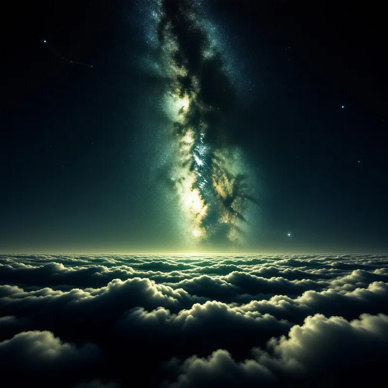 A luminous band of stars arches over a vast ocean of clouds beneath the dark sky.