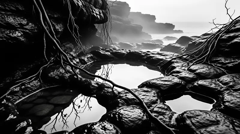 Black and white scene of wet rocks with water pools reflecting the sky, framed by hanging roots against misty cliffs.