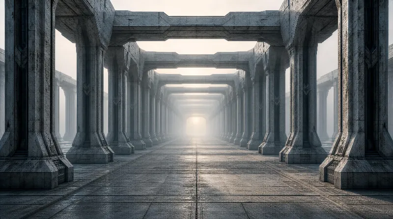 A long, mist-covered corridor flanked by tall concrete colonnades leads to a bright light in the hazy distance.