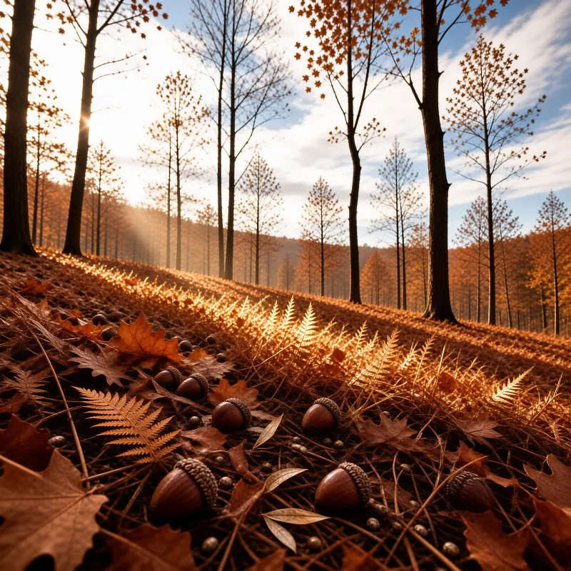 Acorns and dry leaves lie scattered across the forest floor amidst golden ferns with tall trees in the background.
