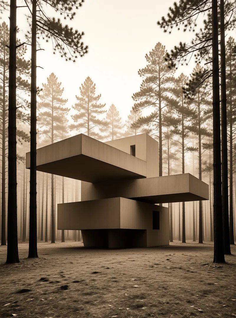 A geometric concrete building stands alone among tall pine trees shrouded in heavy fog