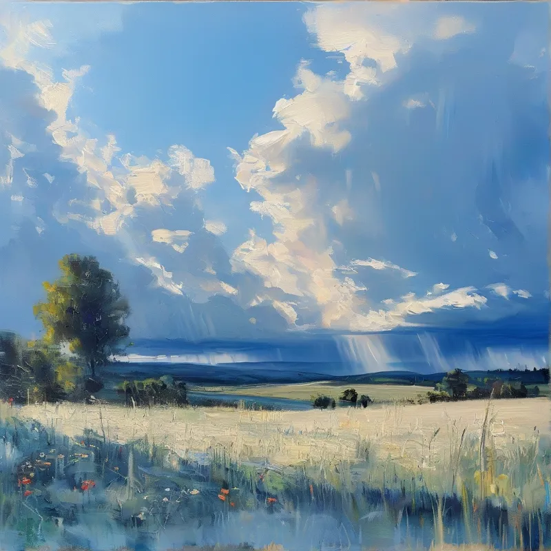 An impressionist landscape pairs a billowing clouded blue sky with a lone leafy tree over a rain-touched summer meadow.