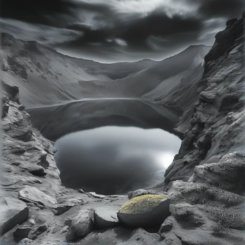 A monochromatic view of a smooth lake encircled by rugged stone cliffs beneath a turbulent sky with bright reflection.