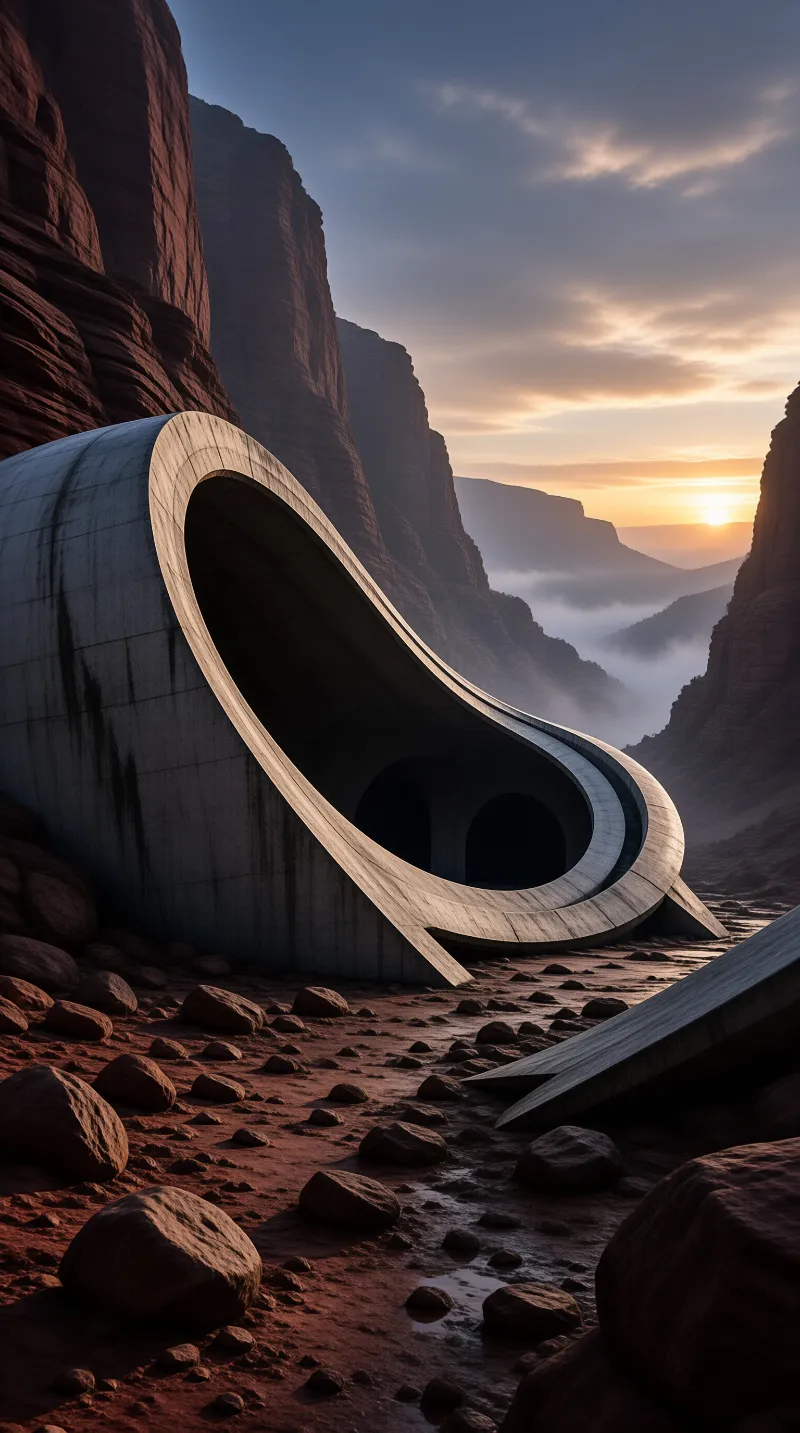 A sweeping white concrete shell loops open at the base of sandstone cliffs while the sun sets behind layered mesas.